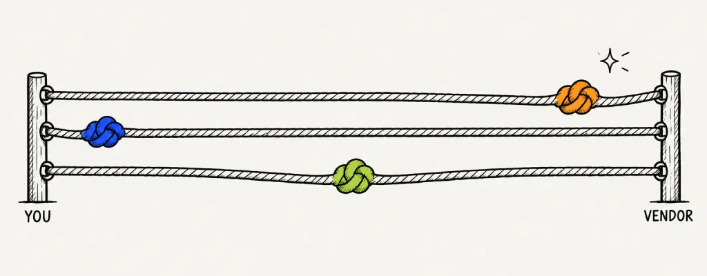 Three engagement models shown as ropes with the risk knot sitting closer to the client, the vendor, or centred