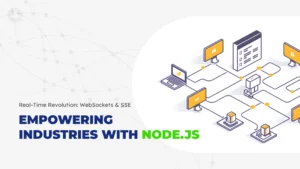 Graphic illustration of a networked digital landscape showing computers and servers interconnected, symbolizing the use of WebSockets and Server-Sent Events powered by Node.js for real-time data communication in various industries