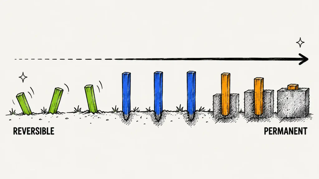 Spectrum of SaaS stack decisions from easily reversed to permanent, shown as stakes set at increasing depth