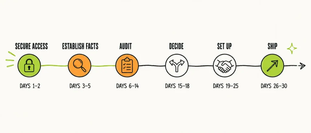 Timeline of a 30-day software project recovery, from securing access on day one to shipping by day 30