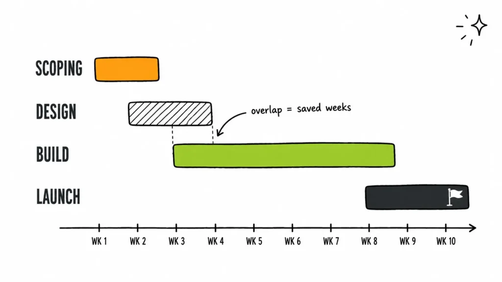 MVP development process week by week — scoping, design, build, and launch phases across a 10-week Gantt chart