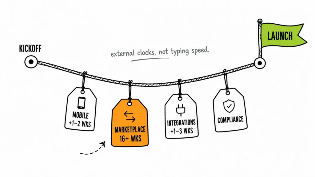 Factors that extend an MVP timeline — mobile apps, two-sided marketplaces, third-party integrations, and compliance